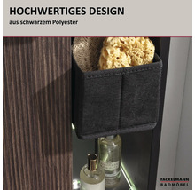 Boîte de rangement Fackelmann Badmöbel en polyester noir pour armoires de salle de bains avec éponges. Logo Fackelmann Badmöbel.