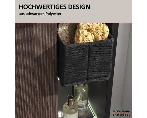 Boîte de rangement Fackelmann Badmöbel en polyester noir pour armoires de salle de bains avec éponges. Logo Fackelmann Badmöbel.