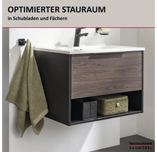 Meuble sous-vasque suspendu moderne avec tiroir aspect bois et compartiment ouvert pour rangement et Fackelmann Badmöbel Logo.