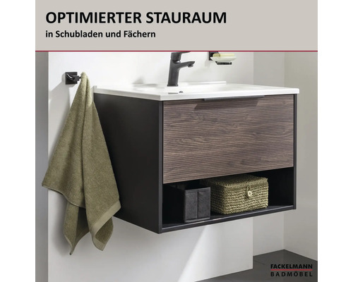 Meuble sous-vasque suspendu moderne avec tiroir aspect bois et compartiment ouvert pour rangement et Fackelmann Badmöbel Logo.