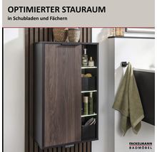 Armoire murale de salle de bain Fackelmann avec rangement dans des casiers éclairés et façade aspect bois. Fackelmann Badmöbel Logo.