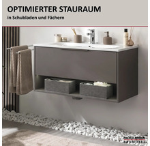 Meuble sous-vasque suspendu avec rangement en tiroir et niche ouverte avec boîtes, lavabo inclus. Fackelmann Badmöbel Logo.