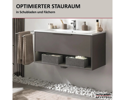 Meuble sous-vasque suspendu avec rangement en tiroir et niche ouverte avec boîtes, lavabo inclus. Fackelmann Badmöbel Logo.