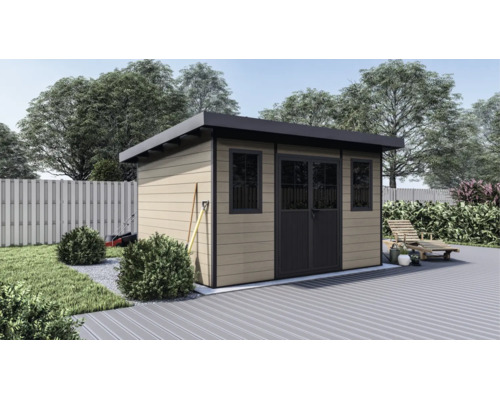 Modernes Gartenhaus mit Flachdach und Doppeltür in einem organisierten Garten mit Terrasse und Rasenfläche.