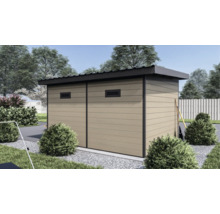 Modernes Gartenhaus mit beigen Paneelen, dunklem Pultdach und Belüftungsschlitzen in einem gepflegten Garten.