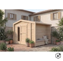 Abri de jardin en bois avec coin salon couvert intégré sur une terrasse en pierre devant une maison. (Image AI modified or generated)