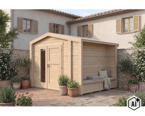 Abri de jardin en bois avec coin salon couvert intégré sur une terrasse en pierre devant une maison. (Image AI modified or generated)