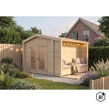 Abri de jardin en bois avec double porte et coin salon couvert intégré avec banc dans le jardin. (Image AI modified or generated)
