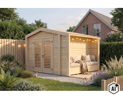 Abri de jardin en bois avec double porte et coin salon couvert intégré avec banc dans le jardin. (Image AI modified or generated)