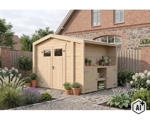 Abri de jardin en bois avec appentis intégré et plan de travail pour plantes, situé dans un jardin aménagé devant une maison en brique. (Image AI modified or generated)