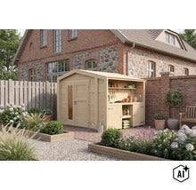 Abri de jardin en bois avec appentis intégré et espace de rangement dans un jardin devant une maison en brique. (Image AI modified or generated)