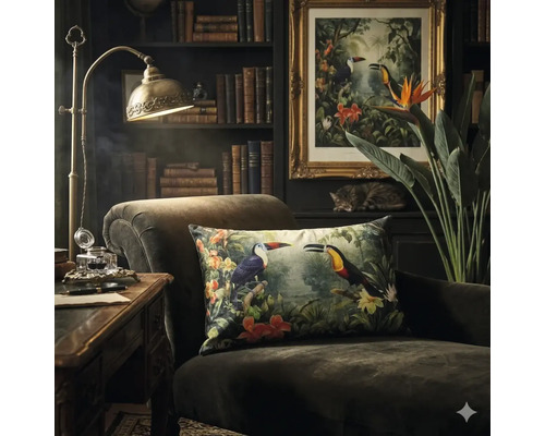 Fauteuil sombre avec coussin décoratif à motif toucan dans une pièce classique avec bibliothèque et lampe de bureau en laiton.