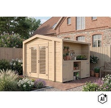Abri de jardin en bois avec auvent intégré et deux portes à persiennes situé dans un jardin fleuri devant une maison en briques. (Image AI modified or generated)