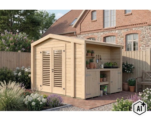 Abri de jardin en bois avec auvent intégré et deux portes à persiennes situé dans un jardin fleuri devant une maison en briques. (Image AI modified or generated)