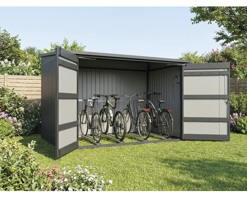 Garage à vélos métallique avec doubles portes ouvertes dans un jardin, abritant trois vélos.