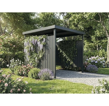 Abri de jardin moderne en métal anthracite avec toit plat et parois à lattes, entouré de plantes et de fleurs dans un jardin lumineux.