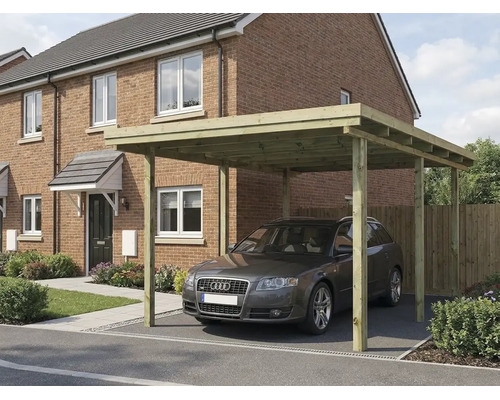 Einzelcarport aus Holz mit Flachdach vor einem verklinkerten Wohnhaus mit geparktem Auto.