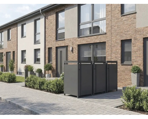 Cache-poubelles modernes en métal devant une maison mitoyenne avec façade en briques et allée pavée.