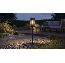 Lampe solaire de jardin à piquer avec ampoule LED et motif en treillis éclairant un chemin de jardin la nuit près d'un salon de jardin.