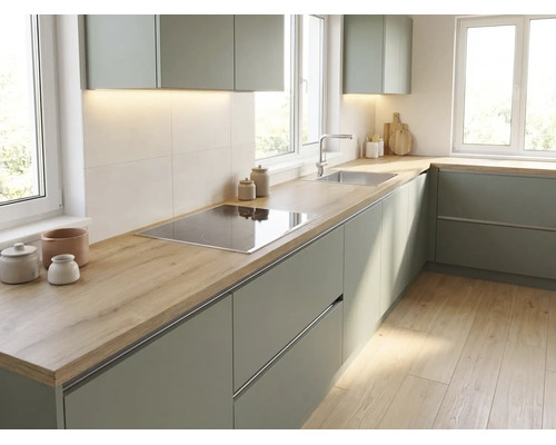 Cuisine d'angle moderne avec des façades vertes, un plan de travail aspect bois, une plaque de cuisson et un évier en acier inoxydable.
