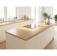 Cuisine moderne et lumineuse avec îlot central, plaque de cuisson, évier et plans de travail en bois.