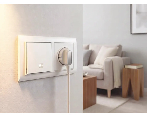 Lichtschalter und Steckdose mit flachem Stecker an einer Wand in einem hellen, modern eingerichteten Wohnzimmer.
