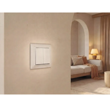 Zweifacher Wippschalter an einer hellen Wand in einem modern eingerichteten Wohnzimmer mit Sofa und Lampe.