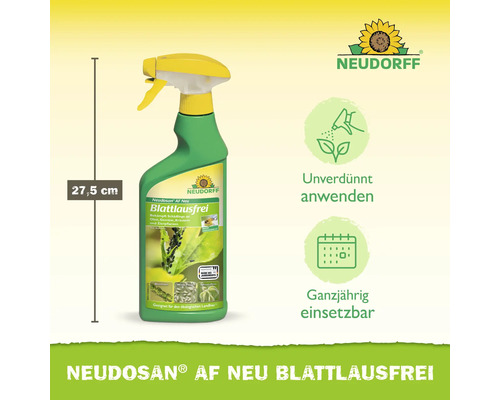 Vaporisateur Neudorff Neudosan AF Neu Blattlausfrei, hauteur 27,5 centimètres. Utilisation pure et toute l'année. Neudorff Logo.