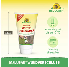 Neudorff Malusan Wundverschluss, 16 Zentimeter hohe Pinseltube, Anwendung bis zu minus 2 Grad, ganzjährig einsetzbar. Neudorff Logo.