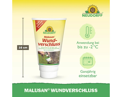 Neudorff Malusan Wundverschluss, 16 Zentimeter hohe Pinseltube, Anwendung bis zu minus 2 Grad, ganzjährig einsetzbar. Neudorff Logo.