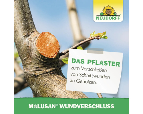 Neudorff Logo, Malusan Wundverschluss als Schutz für Schnittwunden an Gehölzen auf einem Baumstamm.