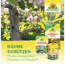 Neudorff Produkte: Apfelmadenfalle, Raupen- und Ameisenleimring und Baumwachs vor einem blühenden Obstbaum. Neudorff Logo.