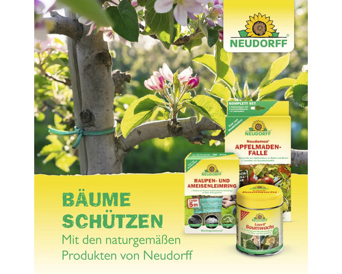 Neudorff Produkte: Apfelmadenfalle, Raupen- und Ameisenleimring und Baumwachs vor einem blühenden Obstbaum. Neudorff Logo.