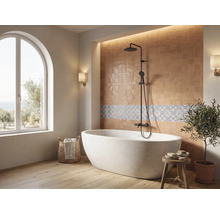 Salle de bains lumineuse avec baignoire en îlot, système de douche noir, carrelage mural et grande fenêtre cintrée.
