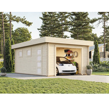 Holzgarage mit Flachdach, Seitentür und Fenstern, stehend in einem Garten mit einem geparkten Auto im Inneren.