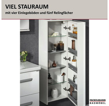 Offene wäisse Bad-Säiteschrank mat véier Abruerbiedem a fënnef Relingsfächer an der Dier, Fackelmann Badmöbel Logo.