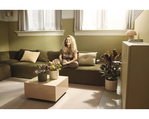 Salon lumineux avec un canapé d'angle vert olive, une table basse beige et plusieurs plantes d'intérieur.