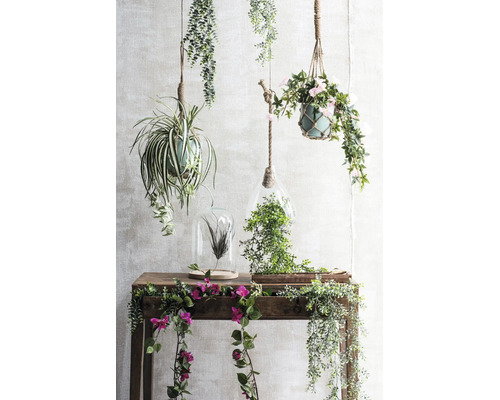 Plantes artificielles suspendues, terrariums et lianes fleuries décoratives sur une console en bois.