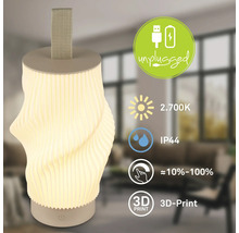 3D-gedruckte LED-Tischleuchte mit Trageschlaufe, dimmbar 10 bis 100 Prozent, 2700 Kelvin, IP44 Spritzwasserschutz, Akkubetrieb.