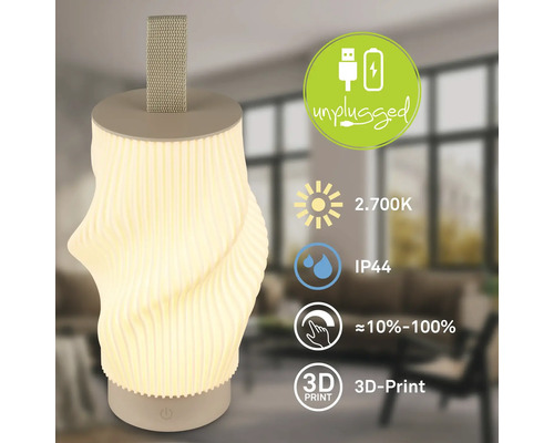 3D-gedruckte LED-Tischleuchte mit Trageschlaufe, dimmbar 10 bis 100 Prozent, 2700 Kelvin, IP44 Spritzwasserschutz, Akkubetrieb.