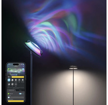 Lampadaire intelligent avec projection de lumière colorée et commande par application sur smartphone.