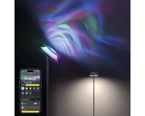 Lampadaire intelligent avec projection de lumière colorée et commande par application sur smartphone.