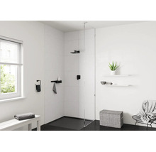 Salle de bains moderne et minimaliste avec douche italienne, paroi en verre et robinetterie noire. Aménagement clair et organisé.