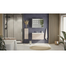 Modernes Badezimmer mit hellem Waschtisch-Set, Spiegelschrank, begehbarer Dusche und freistehender Badewanne in hellem, organisiertem Design.