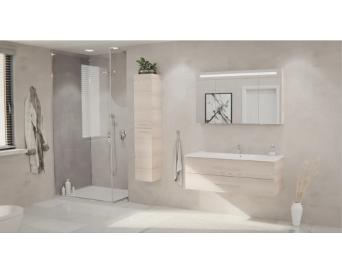 Salle de bains moderne avec meuble sous-lavabo aspect bois clair, armoire de toilette, colonne et douche à l'italienne. Design clair et ordonné.