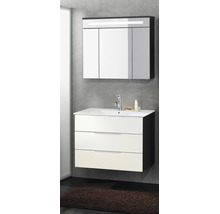 Ensemble de meubles de salle de bains comprenant une armoire de toilette à trois portes éclairée et un meuble sous-vasque à trois tiroirs avec vasque.