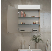 Armoire de toilette dans la salle de bains avec éclairage LED, deux étagères en verre, porte ouverte et divers produits de soin.