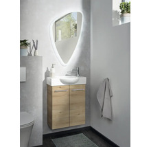 Ensemble de meubles de salle de bain moderne comprenant un meuble sous-vasque suspendu aspect bois, un lavabo blanc et un miroir à LED.