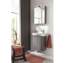 Salle de bains moderne et lumineuse avec meuble sous-lavabo gris, lavabo blanc, armoire de toilette éclairée et mur en lattes de bois.