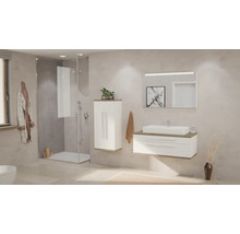 Helles, organisiertes Badezimmer mit Glasdusche, weißem Waschtischunterschrank, Aufsatzwaschbecken und passendem Hochschrank in modernem Design.